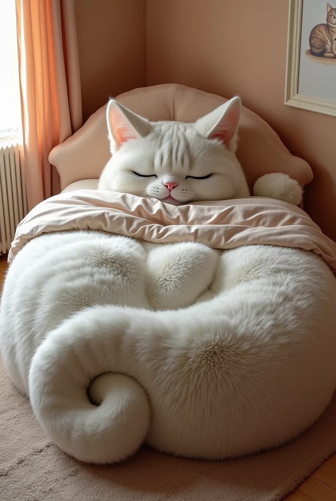 "Create a bed that embodies the comfort of cuddling with a cat, featuring a frame designed to look like a large, soft, furry cat curled up in a cozy position. The entire bed should be covered in luxurious, plush fur fabric in a calming color like light gray or cream. The headboard should be shaped like the cat’s head, complete with softly pointed ears, closed eyes, and a content smile. The bed’s sides should follow the shape of the cat’s body, with the footboard featuring the tail curling protectively around the bed. The bedding should enhance the cat theme, using fur-like textures, and the room should be decorated with soft, warm colors, cat-themed artwork, and a cozy rug to create a serene, cat-friendly space."