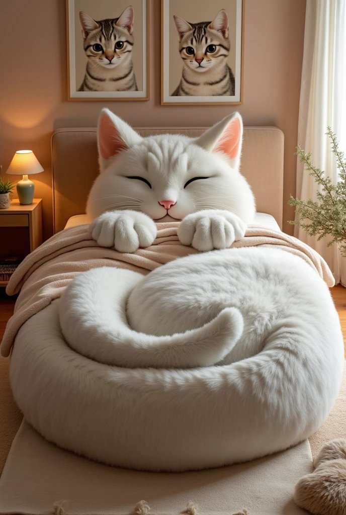 "Create a bed that embodies the comfort of cuddling with a cat, featuring a frame designed to look like a large, soft, furry cat curled up in a cozy position. The entire bed should be covered in luxurious, plush fur fabric in a calming color like light gray or cream. The headboard should be shaped like the cat’s head, complete with softly pointed ears, closed eyes, and a content smile. The bed’s sides should follow the shape of the cat’s body, with the footboard featuring the tail curling protectively around the bed. The bedding should enhance the cat theme, using fur-like textures, and the room should be decorated with soft, warm colors, cat-themed artwork, and a cozy rug to create a serene, cat-friendly space."