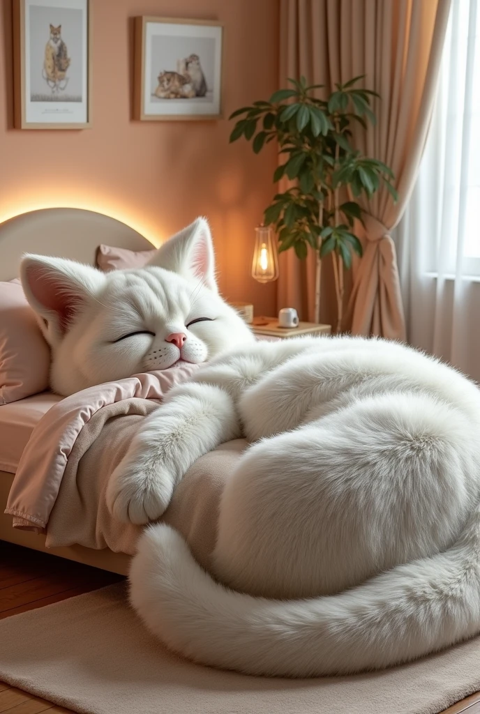 "Create a bed that embodies the comfort of cuddling with a cat, featuring a frame designed to look like a large, soft, furry cat curled up in a cozy position. The entire bed should be covered in luxurious, plush fur fabric in a calming color like light gray or cream. The headboard should be shaped like the cat’s head, complete with softly pointed ears, closed eyes, and a content smile. The bed’s sides should follow the shape of the cat’s body, with the footboard featuring the tail curling protectively around the bed. The bedding should enhance the cat theme, using fur-like textures, and the room should be decorated with soft, warm colors, cat-themed artwork, and a cozy rug to create a serene, cat-friendly space."
