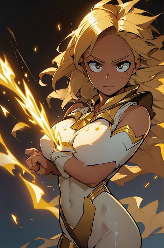 A striking image of a young heroine with straight blonde hair flowing gracefully, her expression determined and focused. Her eyes are a captivating shade of gold, shining with resolve, and her face is dotted with delicate freckles. She wears a sleek white bodysuit that hugs her athletic form, adorned with a golden star on the chest, symbolizing her heroic status. A golden cape flows behind her, adding a sense of majesty and power to her presence. The background is dynamic and full of energy, emphasizing her role as a fearless protector. The lighting highlights the golden hues, giving her an aura of strength and righteousness.