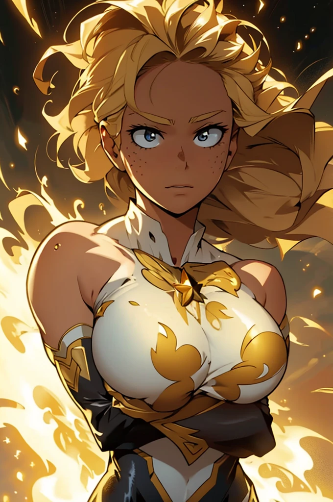 A striking image of a young heroine with straight blonde hair flowing gracefully, her expression determined and focused. Her eyes are a captivating shade of gold, shining with resolve, and her face is dotted with delicate freckles. She wears a sleek white bodysuit that hugs her athletic form, adorned with a golden star on the chest, symbolizing her heroic status. A golden cape flows behind her, adding a sense of majesty and power to her presence. The background is dynamic and full of energy, emphasizing her role as a fearless protector. The lighting highlights the golden hues, giving her an aura of strength and righteousness.