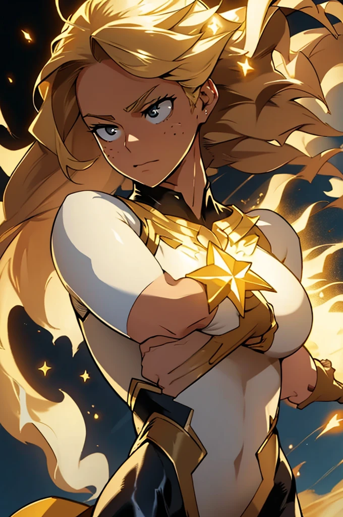 A striking image of a young heroine with straight blonde hair flowing gracefully, her expression determined and focused. Her eyes are a captivating shade of gold, shining with resolve, and her face is dotted with delicate freckles. She wears a sleek white bodysuit that hugs her athletic form, adorned with a golden star on the chest, symbolizing her heroic status. A golden cape flows behind her, adding a sense of majesty and power to her presence. The background is dynamic and full of energy, emphasizing her role as a fearless protector. The lighting highlights the golden hues, giving her an aura of strength and righteousness.