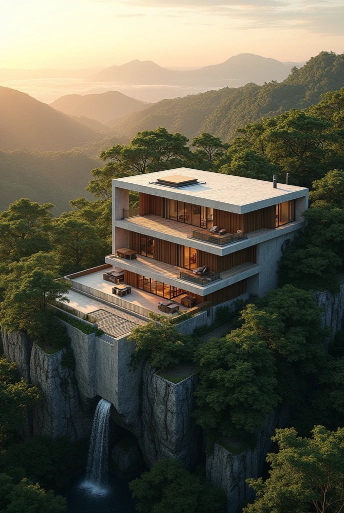 "Aerial view of a modern building with Japandi architecture, surrounded by trees and nature, bathed in sunlight."