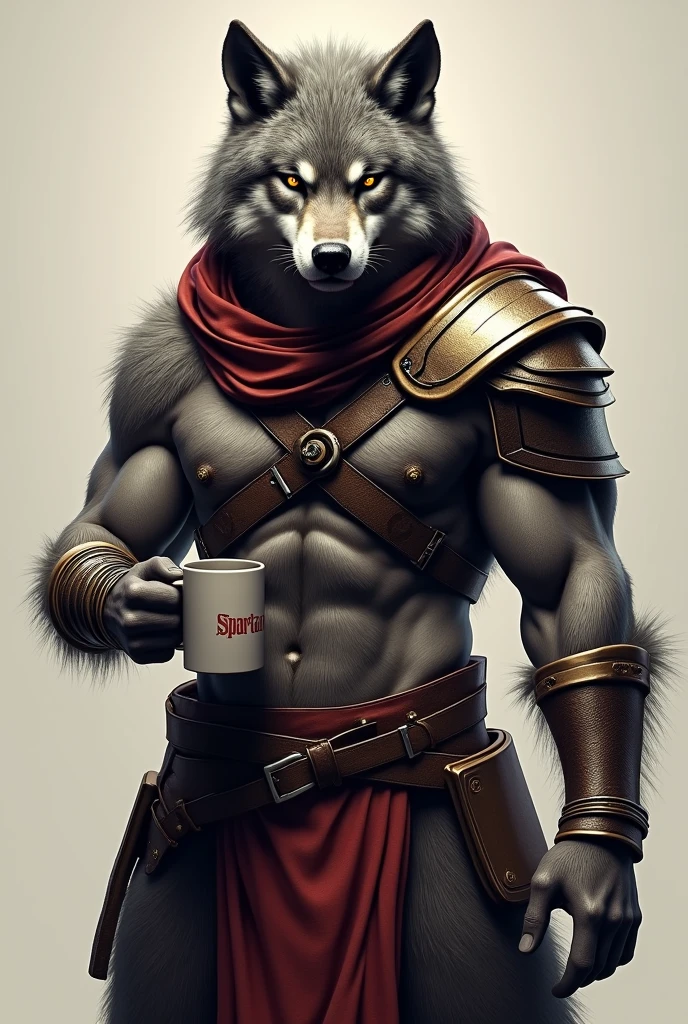 Realistic wolf in vigilante outfit with Spartan written on it With a mug in his hand