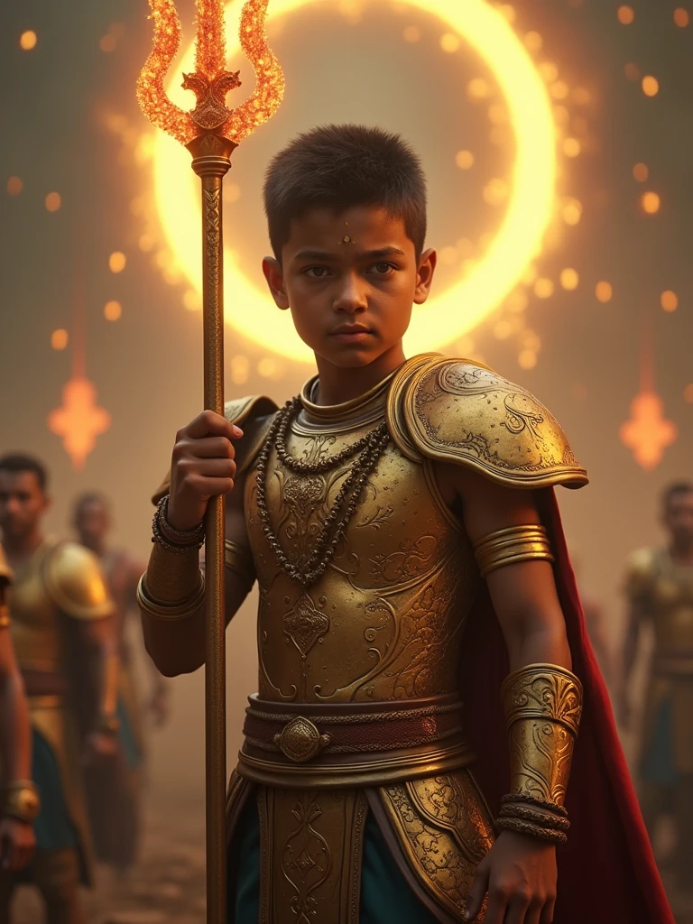 A 12 year-old Karna,wearing his golden armor Kavach-Kundal,and holding a glowing trident Narayanastra ready for battle, riding on the chariot, Cinematic, realistic