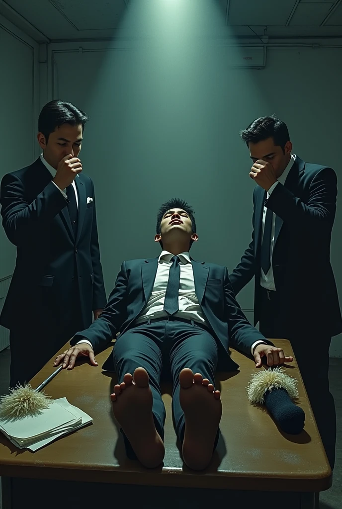 Malaysia malay handsome 23years lawyer
His handcuff in warehouse
Blindfolded
Black Suit and Red tie
feet on desk
shoes on desk
5 toes each feet
Black socks
2 evil mafia tickling his feet using feather
He laugh very hard