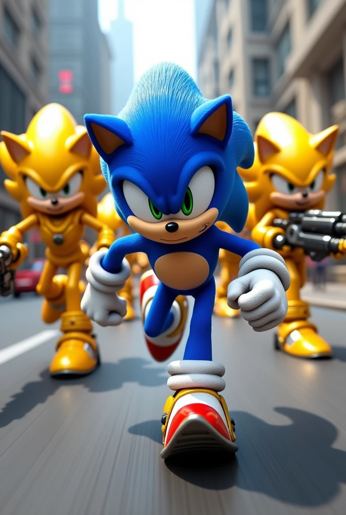 Sonic running very fast several golden Sonic behind as a weapon in hand 3D