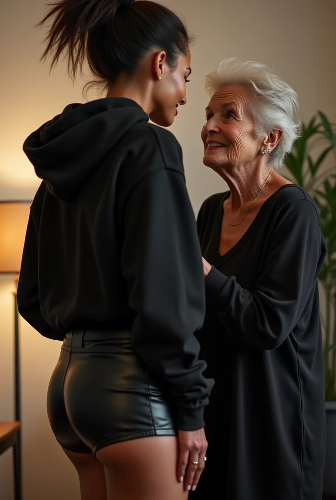 black woman hair in a bun black hoodie black leather short shorts being fucked in the ass by a old grandma in a dress