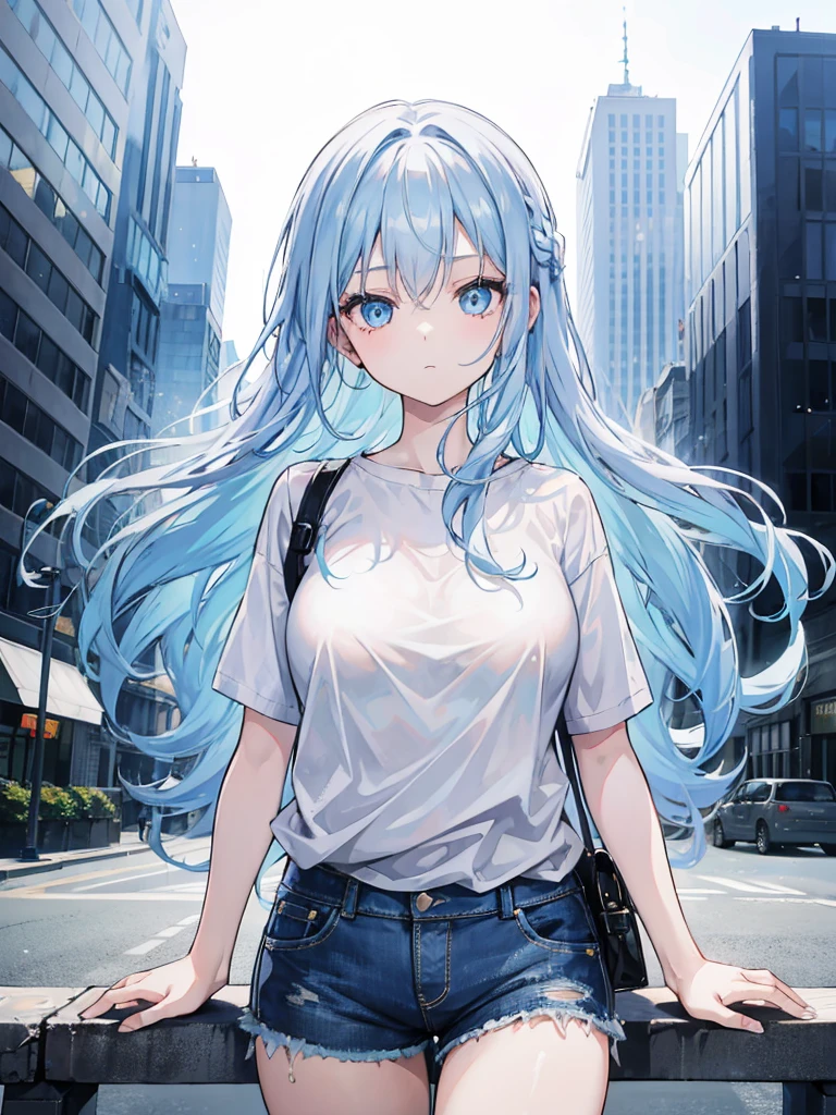 1girl, wavy light blue hair, light blue eyes, wearing plain black shirt, denim shorts, city, absurdres, high res, ultrasharp, 8K, masterpiece, looking at viewer