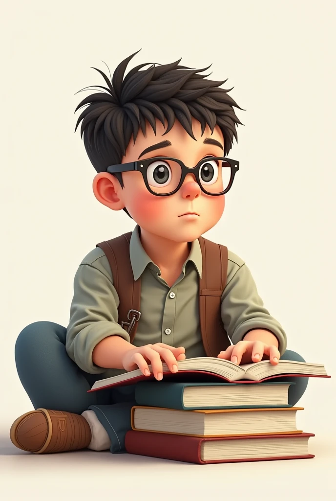robust boy, very short hair, with glasses, smart, offwhite, with books