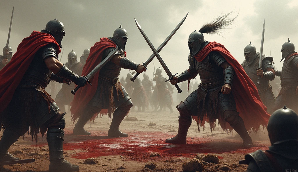 A bloody battle between two factions with swords