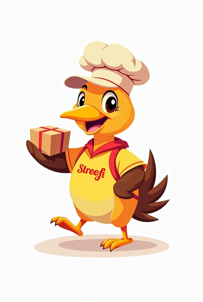A flat vector illustration of a mascot logo for a food delivery service named "StreeFI". The logo features a playful delivery bird with a chef's hat, carrying a food package in its beak. The bird is wearing a yellow shirt with the text "StreeFI". The background is white.