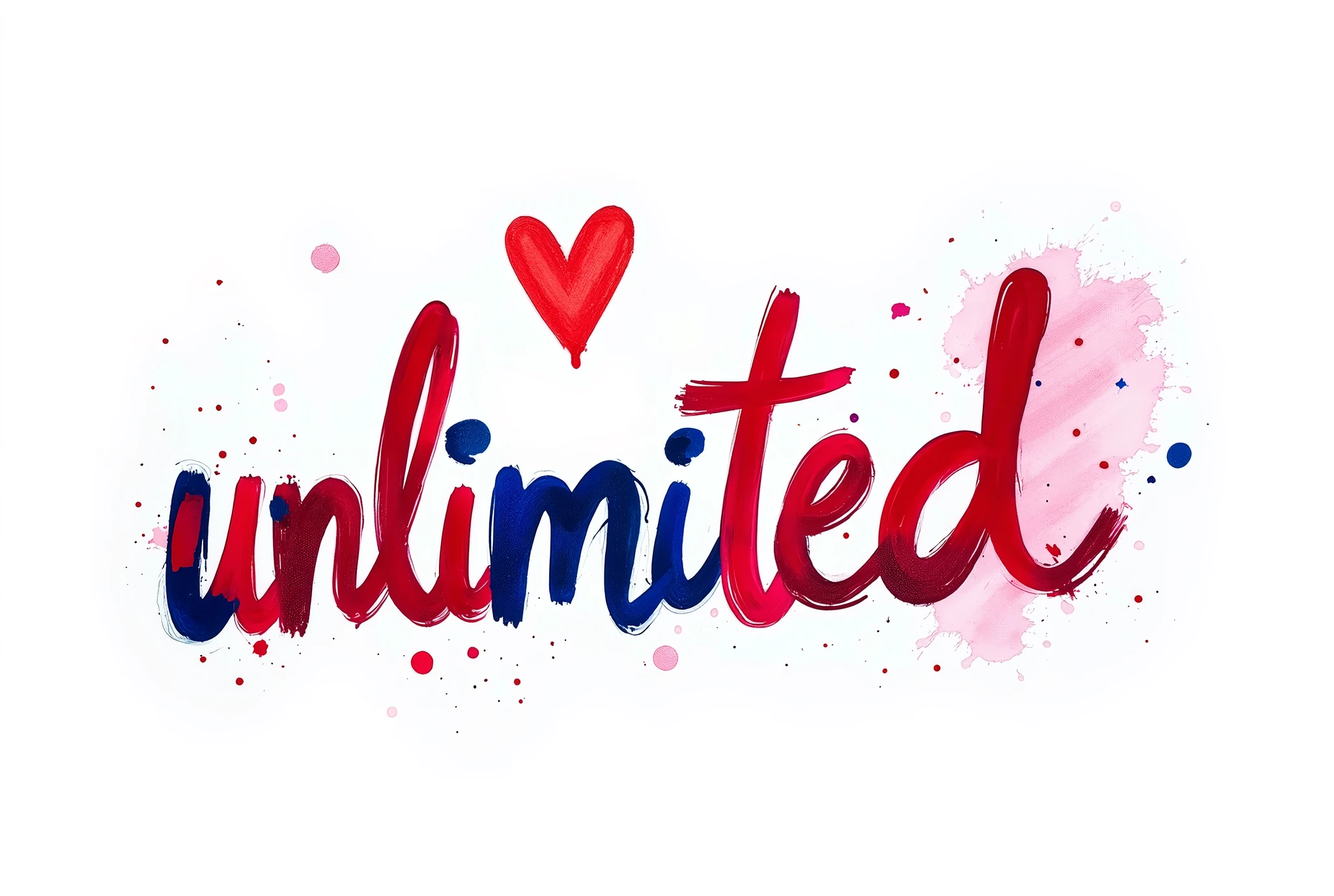 irregular red-blue inscription "UNLIMITED LOVE" and next to it a cartoon heart in the same style and colors, creative ,capital letters, a very irregular painting with a ragged brush, blurred edges from fingers, the colors blend into each other, irregularity, irregular edges, on a white background, the texture from the brush can be seen in the text