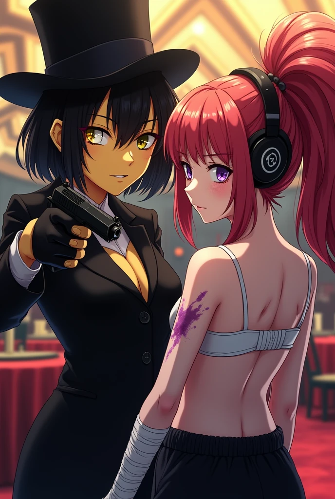 Yellow skinned girl, with one eye in the shape of a triangle and completely black and his other eye yellow and psychopathic, with black top hat, a sexy black suit, black hair bob, black gloves in a casino, that brings a bow, and brings a gun. and anime. With a loving look and a psychopathic smile he points to a white-skinned girl, a huge red hair in a ponytail, that has many purple bruises, with a white bra, psntalones negros baggy, red hair and bangs, with bandages on his arms with a serious expression, and with black headphones and fingerless gloves