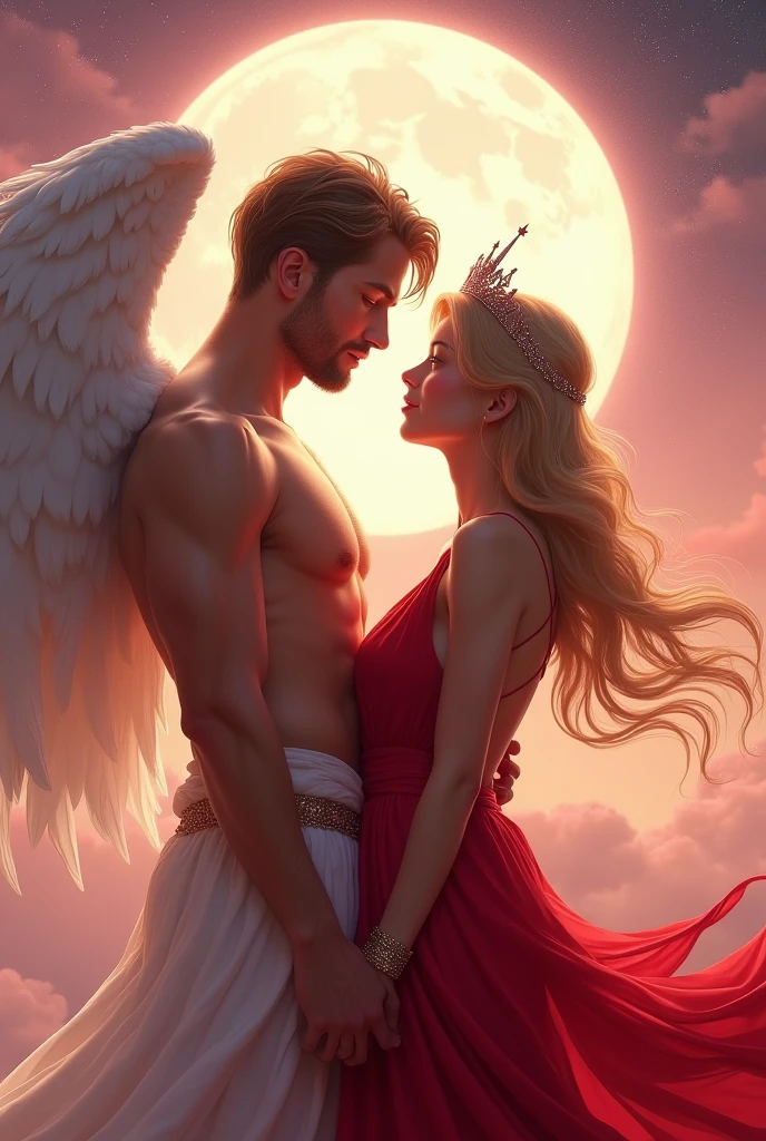 Infinity A white shirtless angel a woman in a red dress and blonde hair with a crown and bracelets looking into each other's eyes with love a pink moon and starry sky