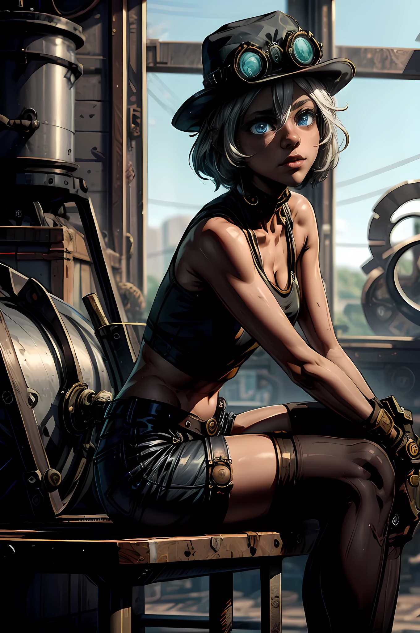 (3D Western Anime Style) (masterpiece), expressive eyes, beautiful makeup, feminine boy, white hair,(( very short hair)), ((flat chest)), toned physique, white tank top, black shorts, bulge, curvy ass, mechanical steampunk gloves, steampunk goggles, mechanic, steampunk motorcycle, sweating profusely, garage, steampunk schematic on walls, smiling, blue eyes, holding a wrench, dirt on face and body, sitting beside a steampunk engine, sitting sultry,