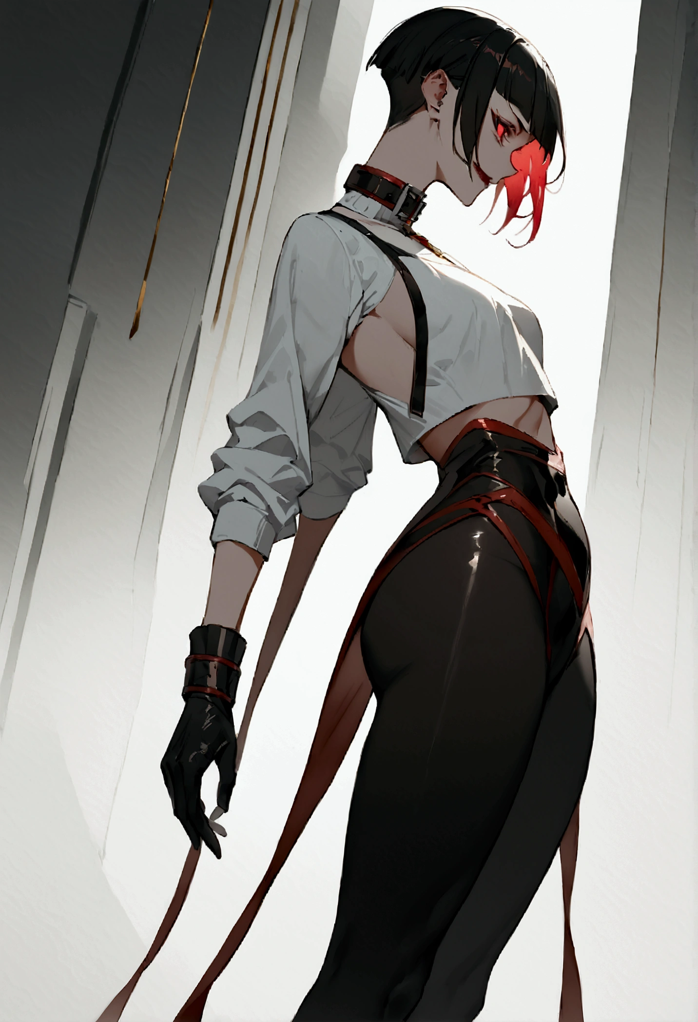fully body,standing,alone,short hair,work of art,face detailed,young fitness linda,Wearing black pantyhose,tight white sweater with collar ,neckleace,evil smile,red eyes glowing,labiaa,eye shadow,bangs on the eyes,black gloves,from sideways,perfil from sideways