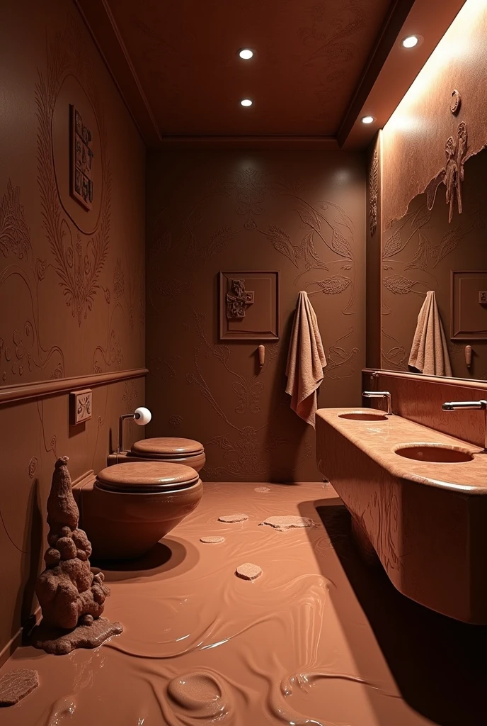 ((masterpiece, 8k, best quality, 8k, super realistic, high resolution:1.3)), bathroom made of chocolate, bathroom made of chocolate, bathroom full of chocolate juice, chocolate deprived, chocolate world, withouth People, no animals