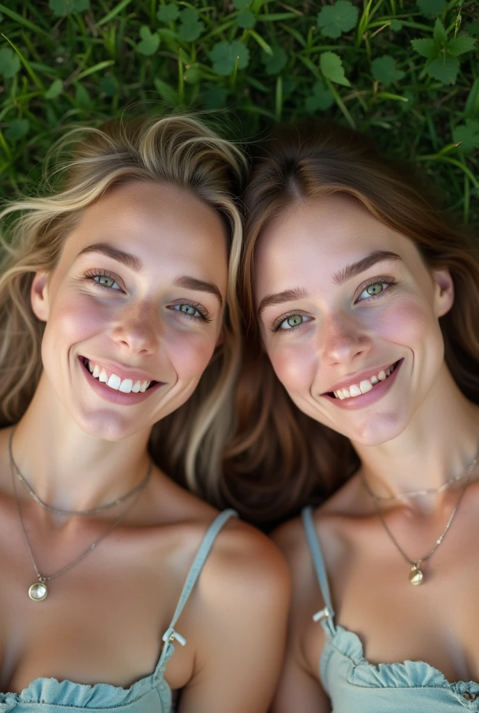 Two young female teachers, White skin, green eyes, by the wide, with beautiful face and smiling, Nude, with giant round tits, lying on the grass, with legs open showing hairy vagina.