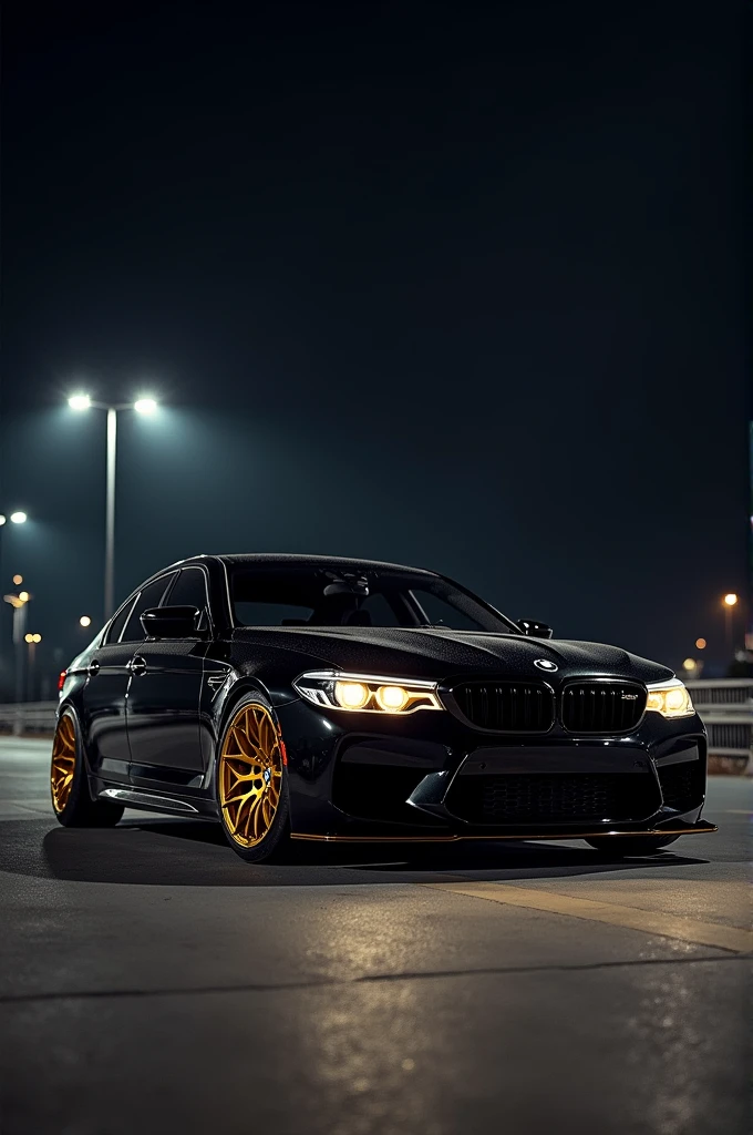 A black colour BMW car in M5 gt edition gold rim at the dark night his eyes is gold colour