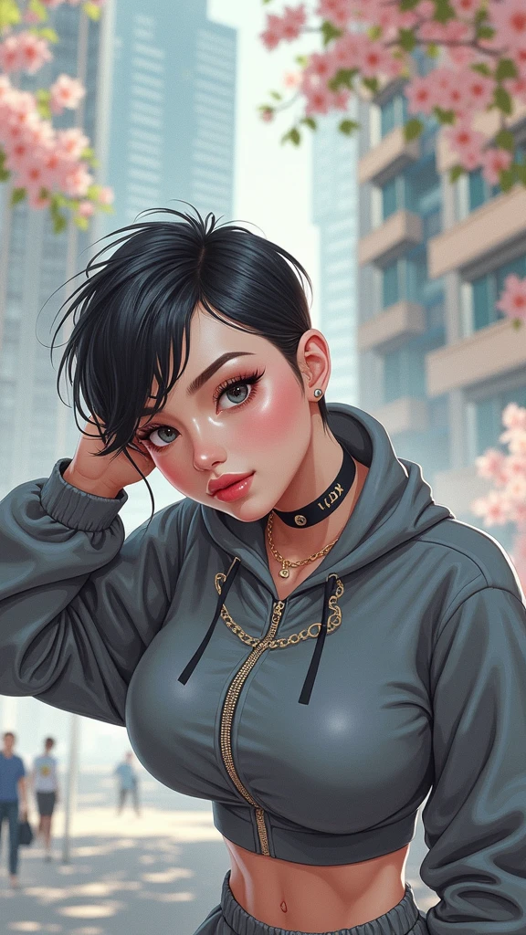 cmodel, digital illustration, (masterpiece:1.2), high quality, detailed eyes, extremely beautiful young female, short hair, streetwear, thicc, (abs:1.2), (bloom:1.2)