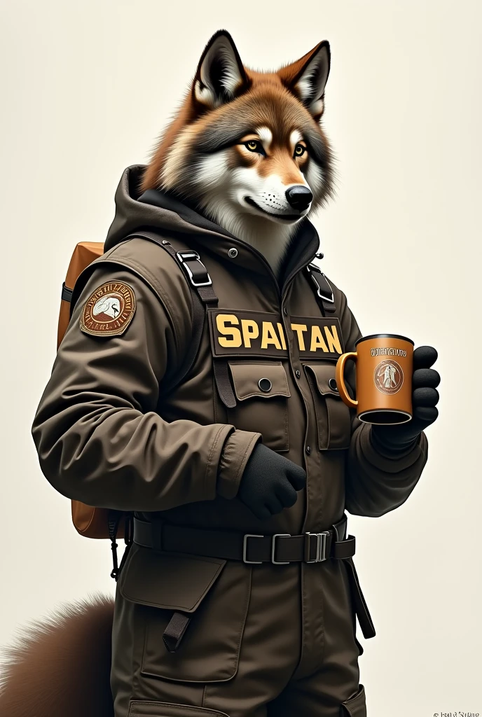 Realistic wolf in safety suit with Spartan written on it With a mug in his hand