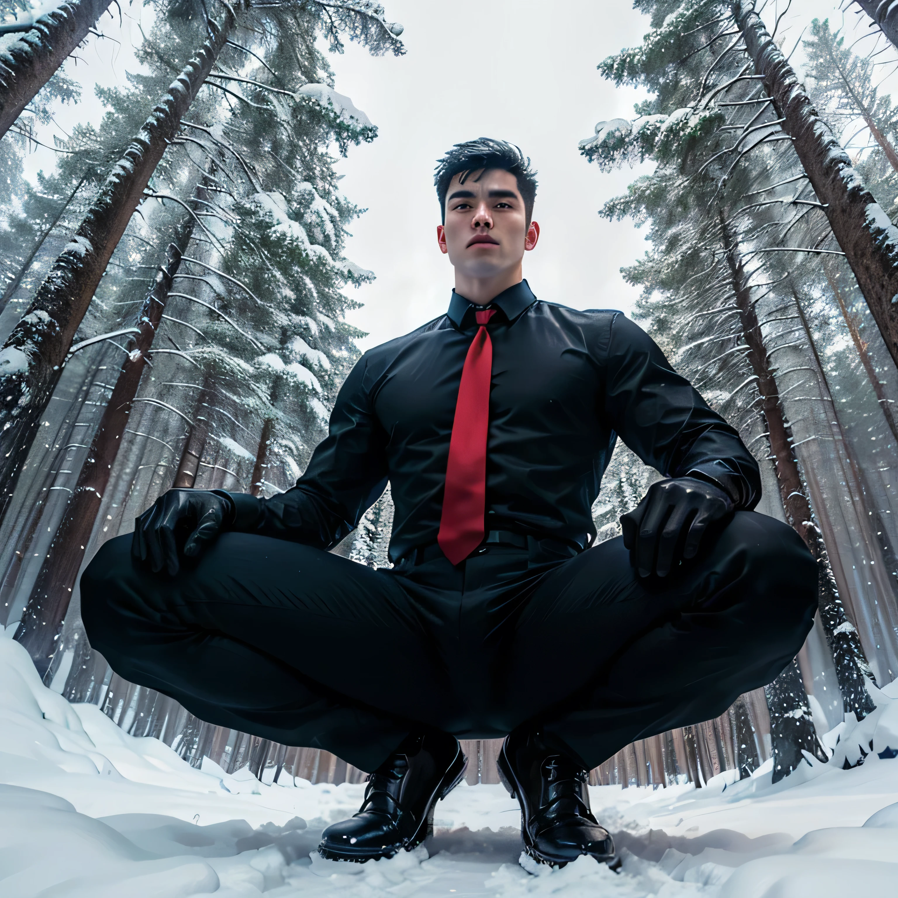 Age 27,One Man,Tall handsome man、Black Shirt、Red tie、Black gloves、Forest、Squatting with legs apart on the snow、 ,Black Hair、Very short hair、Asian Face Seen from below Cool