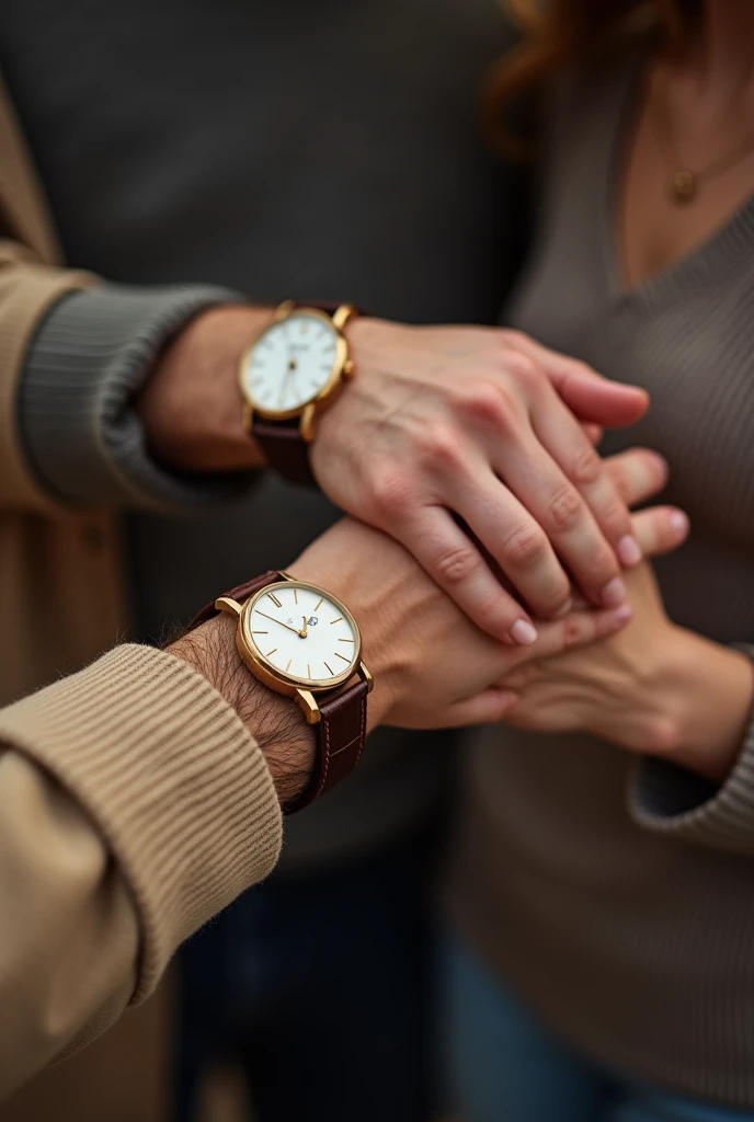 My boyfriend and I put our watches together and compared them. Only our wrists are visible, showing the men's and women's watches. They are a bit smaller.