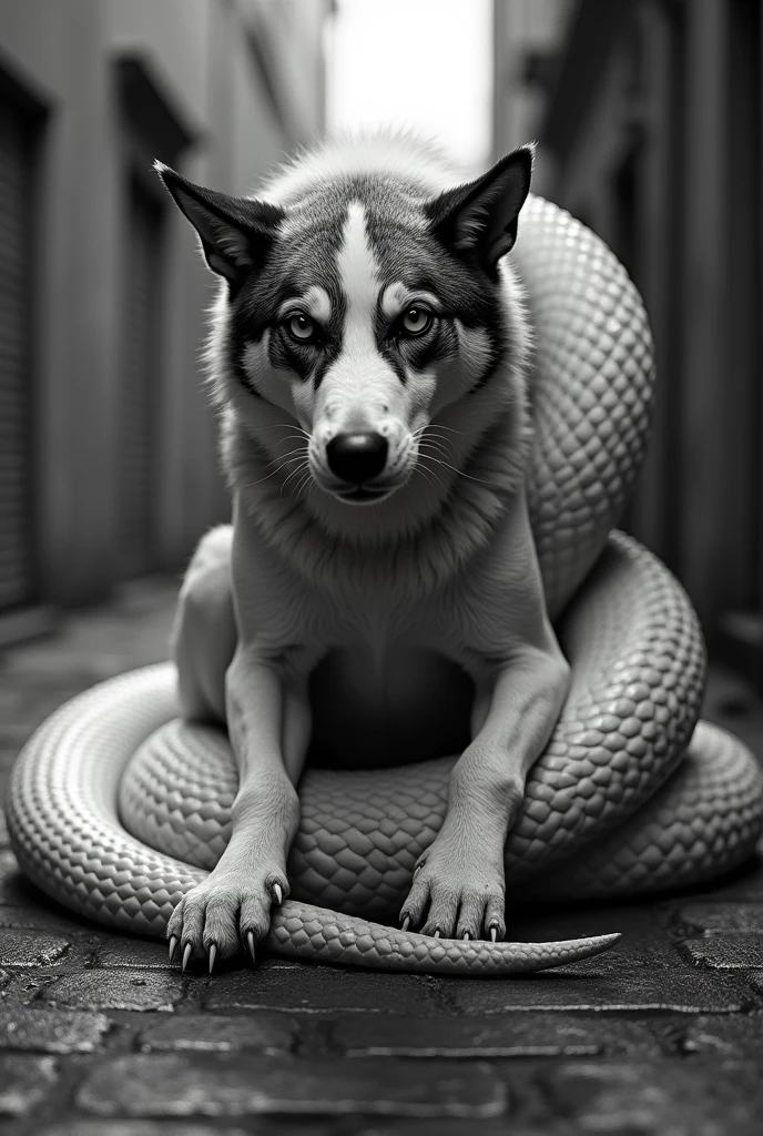 Black and white street dog and white annoconda fusion