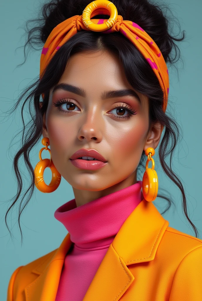 80s style woman with a fabric headband with a plastic accessory ring on it located in the middle, with earrings and hoop necklace of the same plastic material.