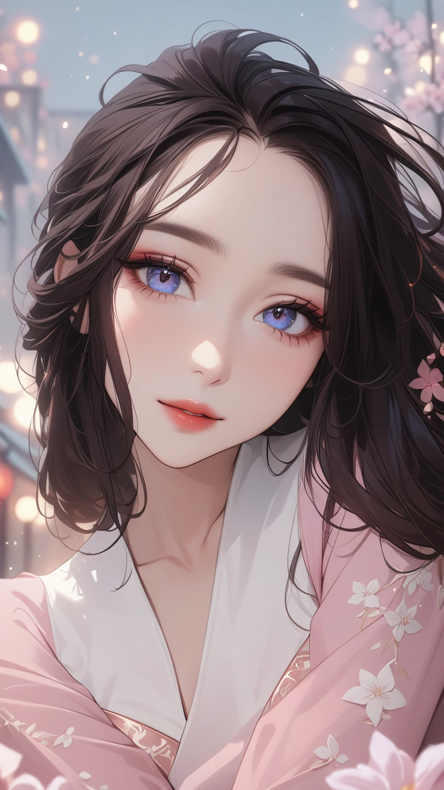 (best quality,4k,8k,highres,masterpiece:1.2),ultra-detailed,red light street,girl,beautiful detailed eyes,beautiful detailed lips,extremely detailed eyes and face, smiling coldly,long messy hair,white with pink flowers detail dress,Chinese style dress,close shot,sexy pose,bench,light particles,romantic ambiance,attractive,provocative,alluring,powerful gaze,vintage vibe,warm color palette,soft focus,gentle lighting