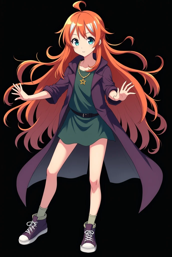 A full body image of a child aged, personagem do anime "JUJUTSU KAİSEN", she is very beautiful, with long, straight, fire-colored hair with two white streaks highlighted in the front, framing your face. She has blue-green eyes and pale skin.. she is a Wiccan, she is in fighting pose. she wears a pentagram necklace, beautiful women&#39;s high top shoes and ¾ long socks. It is drawn with the animation of Gegê Akutami. black backdrop.