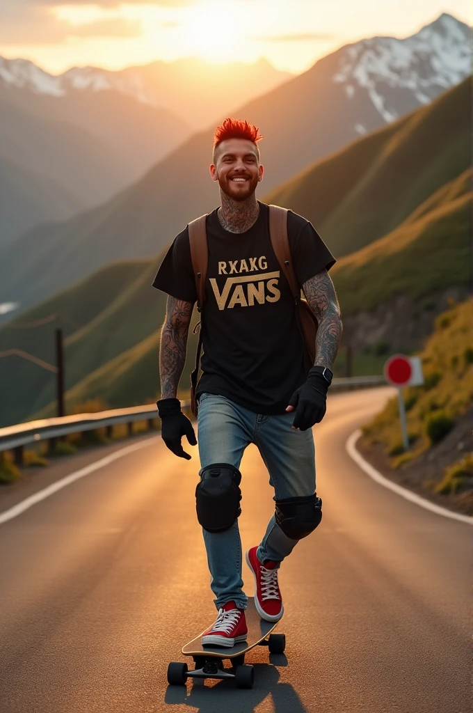Punk skateboarding with red mohawk and upturned jacket covered in tattoos on his arms, confidently riding a skateboard down a winding mountain road, framed by the golden light of the setting sun. He is wearing a black t-shirt with a vintage VAN logo on his chest and a bag on his back, and denims jeans and use red converse shoes. The man dimple smiles at the camera, his hands protected by black gloves, adding a personal touch to the thrilling scene. He also wears knee and elbow pads, ensuring safety as he navigates the turns with ease. The background features rolling green hills and snow-capped mountains in the distance, creating a stunning contrast to the rider’s dynamic movements, amplifying the excitement. In the distance. The image exudes the thrill of downhill skateboarding, the beauty of the natural scenery, and the fearless energy of the rider, with an Instagram-worthy night atmosphere.