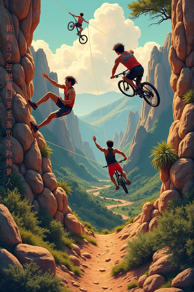 A collage that includes rock climbing, slackline, mountain biking, with guane symbolism