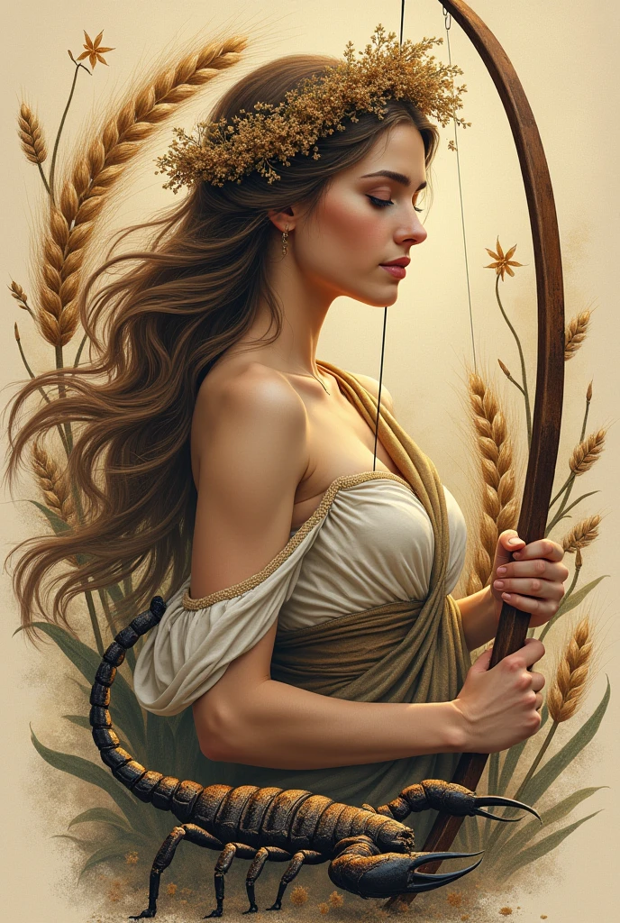 Tattoo of a woman representing the astrological sign of Virgo with a wheat wreath holding a bow and arrow and a scorpion next to her