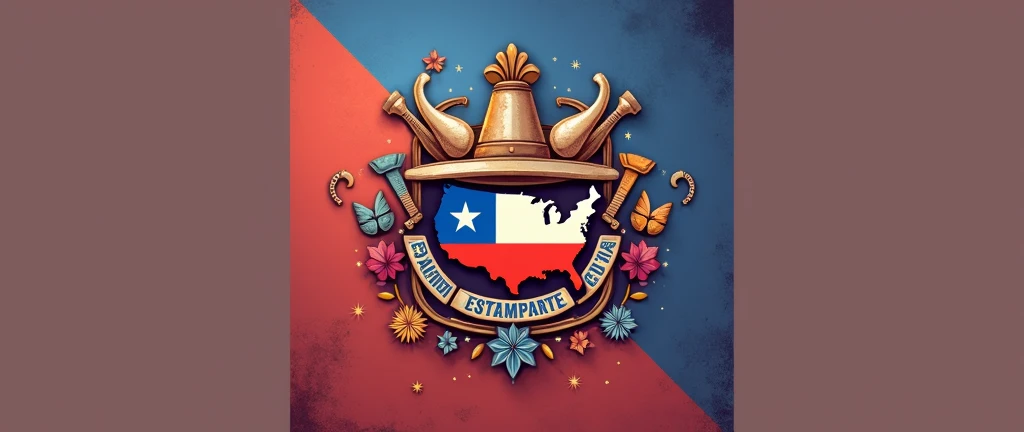 Design a colorful, vibrant and modern logo for the company 'EstampARTE Coya' that combines typical elements of Chilean national holidays with the art of sublimation, printing and prints. The design can include spurs, huasos' chupallas, horseshoes, horses, empanadas, kites, etc. everything that is traditional in Chile on its national holidays. The colors that should predominate are the red, blue and white of the national flag. Incorporate The style should be elegant and dynamic, attractive and lively, with clean lines and high contrast colors that make the logo eye-catching and culturally significant, lettering