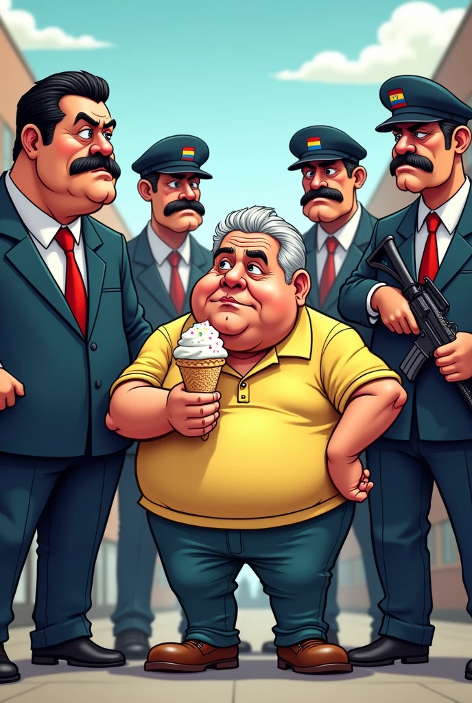 Cartoon of Nicolás Maduro with all his armed henchmen behind him, and from there shouting at an old, chubby man with grey hair and he is sitting there eating a cone