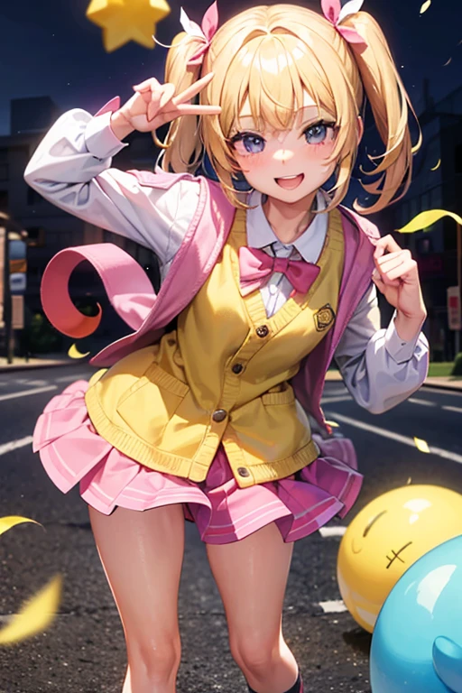 Young, elementary school student, blonde, short pigtails, candy in both hands, cheerful, candy store, smile, happy, fun, pop, bright, sunlight, morning