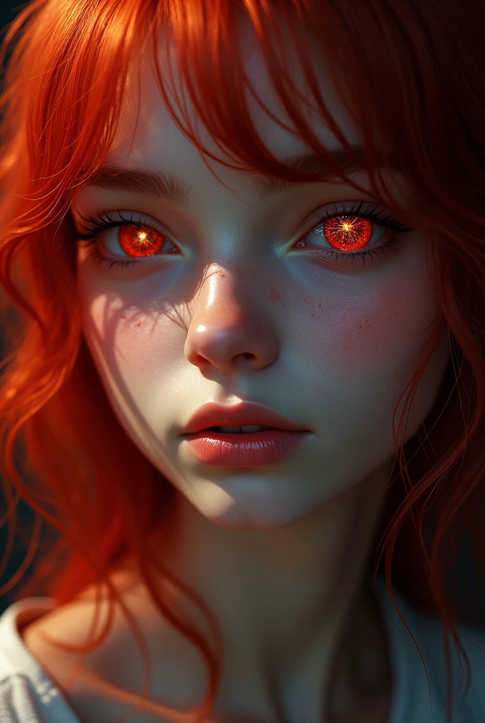 1girl, star eye, blush, perfect illumination, red hair, red eyes, unreal engine, sidelighting, detailed face, bangs, bright skin, simple background, dark background