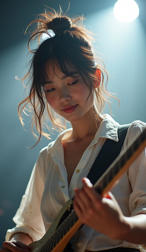 Realistic, Japanese women, drummer, Playing the red drums, rock band, On the concert stage, Brightly lit by stage spotlights, Very bright lighting, white light lighting,Wearing a white shirt, Medium length light brown hair, ponytail, Hair blowing in the wind, Her hair is messy and unkempt..., beautiful, White and translucent skin, Sweat splash, Charming person, Very large breasts, Show me my skin, Natural Makeup, Small Nose, Smooth jawline, Glossy face, Blushing, Big smile high resolution, Anatomically correct, Highest quality, Very detailed, Attention to detail, Looking down, Cowboy Shot, vision, smile,enjoy,Wide-angle shot, Uplifting,Gaze, 