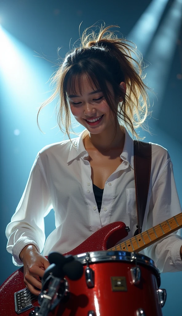 Realistic, Japanese women, drummer, Playing the red drums, rock band, On the concert stage, Brightly lit by stage spotlights, Very bright lighting, white light lighting,Wearing a white shirt, Medium length light brown hair, ponytail, Hair blowing in the wind, Her hair is messy and unkempt..., beautiful, White and translucent skin, Sweat splash, Charming person, Very large breasts, Show me my skin, Natural Makeup, Small Nose, Smooth jawline, Glossy face, Blushing, Big smile high resolution, Anatomically correct, Highest quality, Very detailed, Attention to detail, Looking down, Cowboy Shot, vision, smile,enjoy,Wide-angle shot, Uplifting,Gaze, 