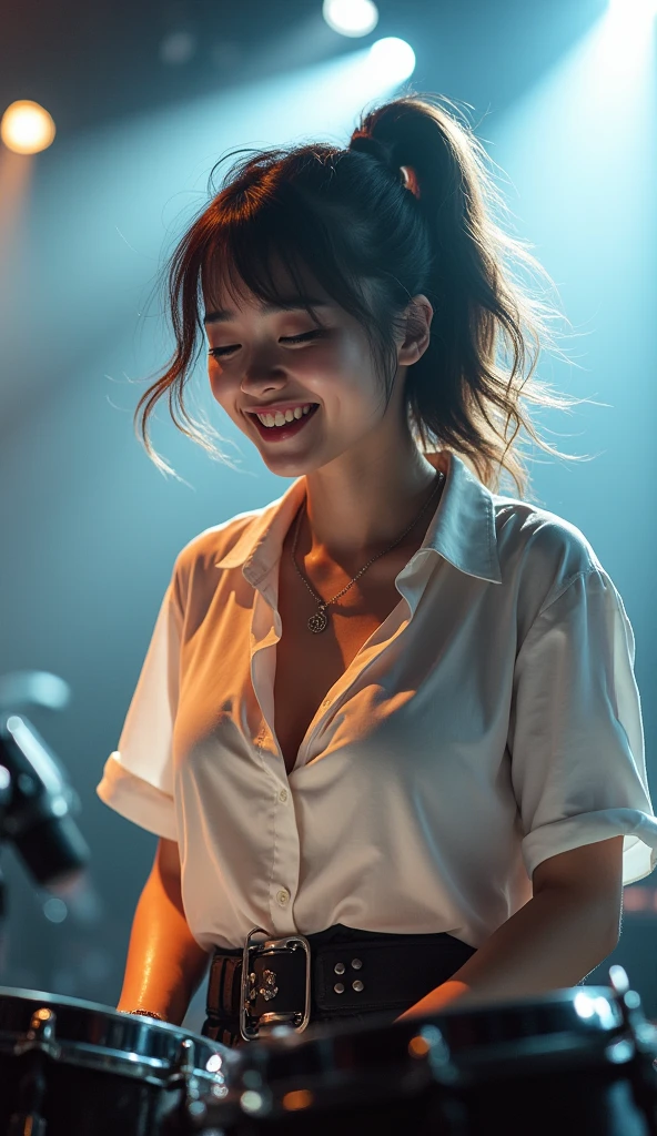 Realistic, Japanese women, drummer, Playing the red drums, rock band, On the concert stage, Brightly lit by stage spotlights, Very bright lighting, white light lighting,Wearing a white shirt, Medium length light brown hair, ponytail, Hair blowing in the wind, Her hair is messy and unkempt..., beautiful, White and translucent skin, Sweat splash, Charming person, Very large breasts, Show me my skin, Natural Makeup, Small Nose, Smooth jawline, Glossy face, Blushing, Big smile high resolution, Anatomically correct, Highest quality, Very detailed, Attention to detail, Looking down, Cowboy Shot, vision, smile,enjoy,Wide-angle shot, Uplifting,Gaze,