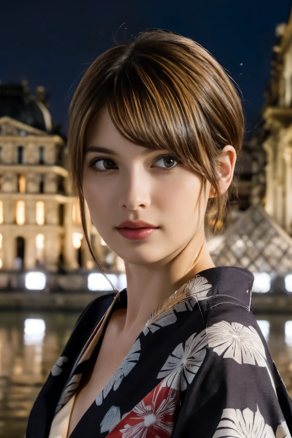 
((masterpiece:1.4, Highest quality)), (Realistic photos:1.4), 
((1 person)), (Otherworldly beauty), (dream-like),
(超High resolution:1.2), Very delicate and beautiful, wonderful, Very detailed CG Unity 8k wall paper, Very detailed, High resolution, 
Soft Light, Beautiful detailed, Very detailed eyes and face, Beautiful and detailed nose, Beautiful and detailed, 
(Portrait of a Parisian woman wearing a yukata:1.3), (Outdoor), (With the illuminated Louvre at night in the background:1.3), 
Cinema Lighting, Perfect Anatomy, Slender body, (Dark blond hair), (Parted bangs), (bright eye color),
Cowboy Shot