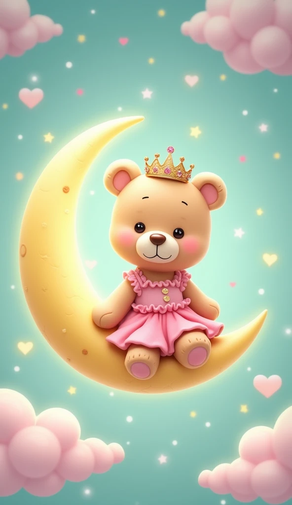 What a lovely idea for an invitation!! I recommend that you visualize a sweet and adorable light brown bear sitting on a half moon., with a beautiful pink dress, with a beautiful crown adorned with animated details. The moon can have a soft glow that highlights its sweetness and, Around her, Turquoise and pink fluffy clouds that add a magical touch. In 9 format:16