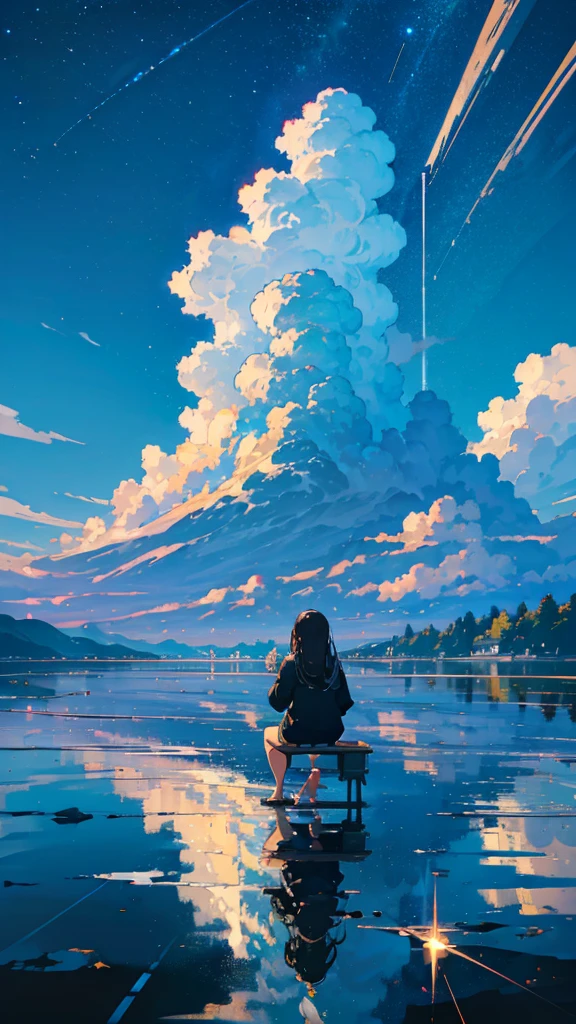 masterpiece, Exquisite detail,Highest quality, One Girl, alone, handrail, cloud, building,Long Hair, null, Long sleeve, Power lines, White footwear, Black Hair, Electric pole, bangs, cloudy null, fish, bird, Green Eyes, Shorts, Day, Black Shirt, barefoot,star,milky way,流star,Pitch black,building,High quality anime art style,Character portrait,Splash ink background,Blue Theme,Clear Face,Distinctive facial features,Fuji Mountain,Fuji Mountain,building in Tokyo,look at me,Rear view,Shining star々,milky way,Sit on the water,Bright sky,Daytime,Look straight ahead,Future City,train,railway crossing,Day没,A train running on the tracks