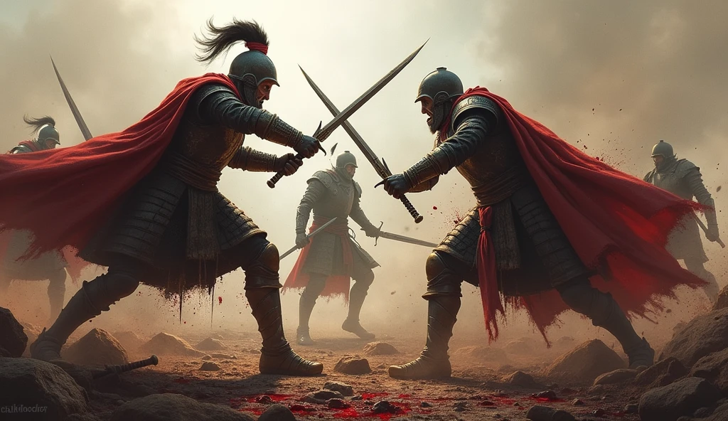 A bloody battle between two factions with swords
