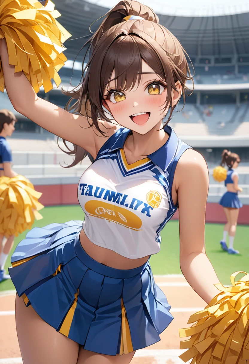 ((best quality)), ((Masterpiece)), (details), Young woman, (Medium bust, brown hair, yellow eyes, ((Ponytail)) , Hip fart, handsome face, (Tanned skin:1.3), Long eyelashes,Thick eyelashes) ,Red and white shirt with team logo、short skirtสีแดงขาว、sexy pose、Laughing happily, Beautiful teeth, sports stadium, (Cheerleading uniform), ((Open chest sleeveless top, Flared skirt, short skirt))