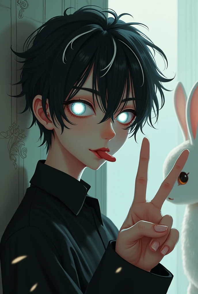 Make me a boy of male gender, he has black hair and white streaks, white eyes without pupils, he is showing his tongue making a peace sign with his fingers and only half of him appears, make a background with a rabbit