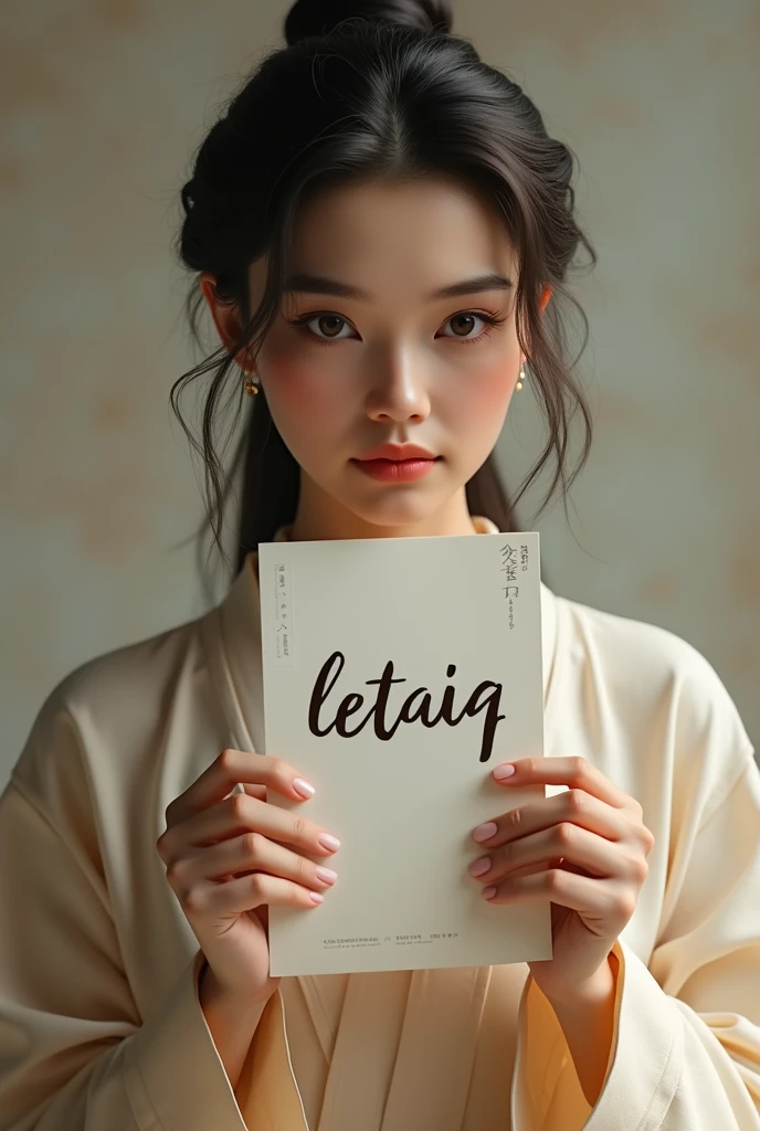 Asian woman holding a piece of paper with the word LeTaiq written on it