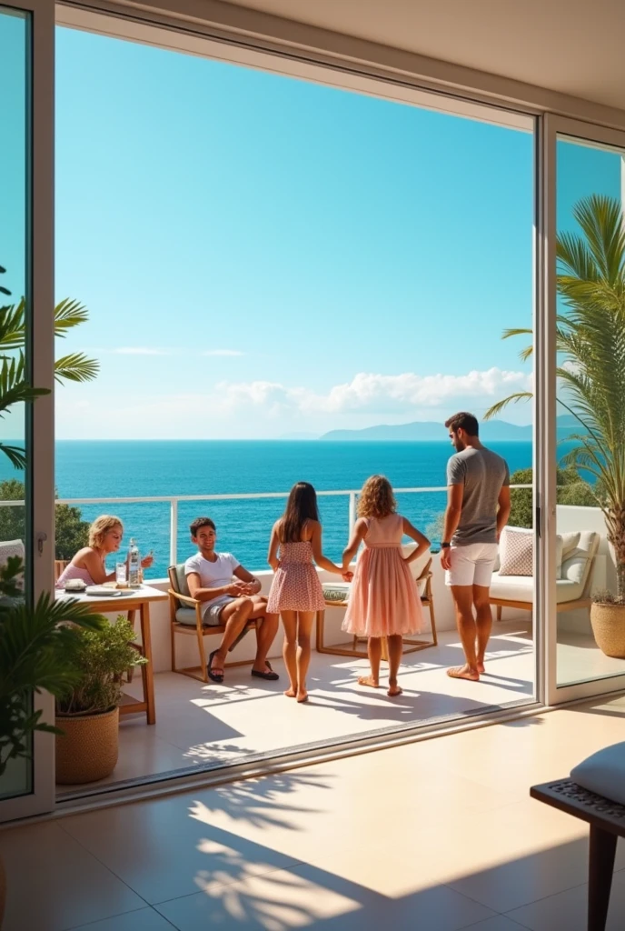 "Families enjoying terraces with sea views, Relaxing in bright and welcoming spaces. Text on screen: &#39;Live the charm of the Mediterranean&#39;."